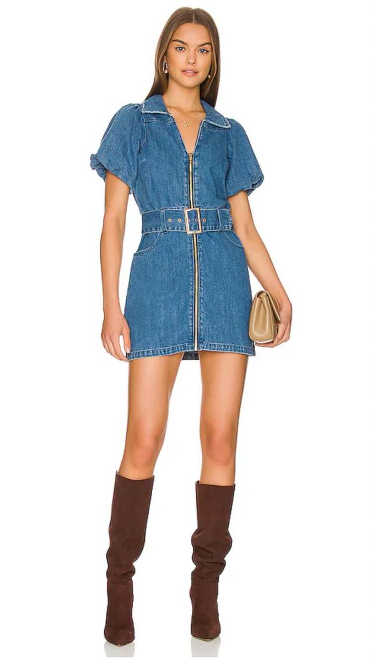 Show Me Your Mumu Denim Belted Oxford Mini Dress Puff Sleeve Size L